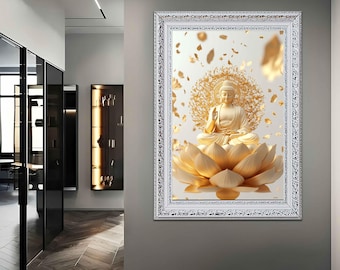 May include: A white framed print of a golden Buddha statue sitting on a lotus flower. The background is white with gold petals falling from the top.