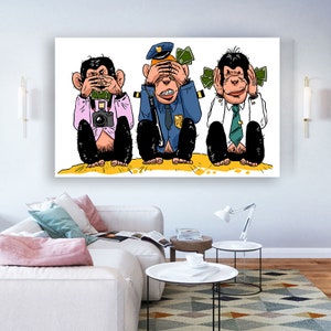3 Monkeys Canvas, Three Monkey Wall Art, 3 Monkeys Poster Art, Animal Print Canvas, No See No Hear No Speak, Living Room Canvas, Monkeys
