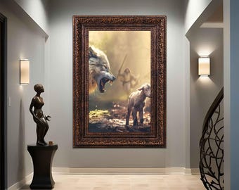 Jesus Running Towards the Wolf and the Lamb Canvas Painting, Christian Wall Art, Faith Art, Living Room Decor