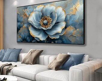 Canvas Blauwe wilde roos, moderne roosschilderij, bloemenmuurdecor, bloemenprint, ingelijste bloemenschildering