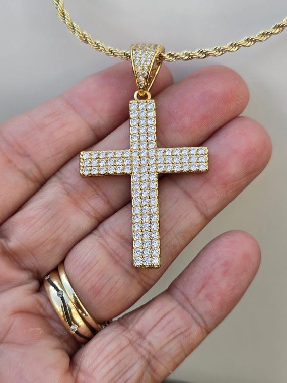Large Cubic Zirconia Bling Cross Pendant Necklace With Solid Curb
