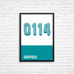 Sheffield 0114 riktnummertryck | Yorkshire-affisch | Väggkonst för kontoret | Platstryck | Gåva med nordbo | Sovrumsskylt | Djärv vardagsrumskonst