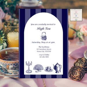 Bridgerton Inspired Tea Party Invitation, Editable, High Tea, Regency Era, Royal Tea, Event Tea, Vintage Stripe, Instant Download