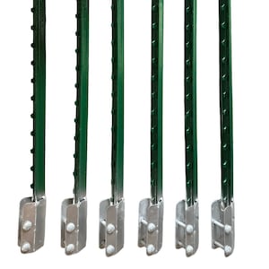 May include: A collection of six green metal T-posts, designed for fencing. Each post features a series of evenly spaced studs along one side and a silver-colored metal base with bolt holes for secure installation. The posts are arranged vertically against a white background.