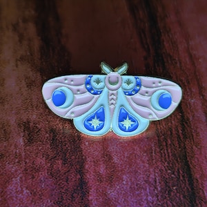 Pink & White Moon Design Moth Enamel Pin