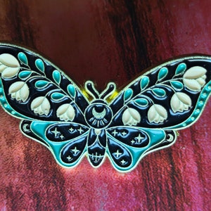 Pink Tulip Black Design Moth pinback Enamel Pin LARGE