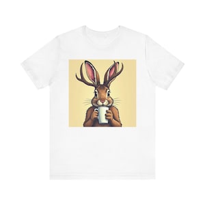 Cryptid Jackalope with Coffee T shirt - Unisex Tee, Short Sleeve Shirt, Paranormal Creature Top, Cryptid Lover Gift, Funny Graphic Tee