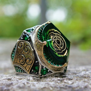 Solomon Ring,Big Curved,Green Amber,Stoned, Engraved,Ottoman Ring,Handmade,Vintage Silver Sterling,Floral Special Design,Gift