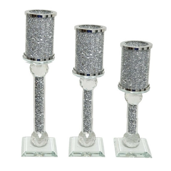 Set of 2 28cm Tall Crystal Glass Candle Holder Square Candlestick Crushed Glass 
