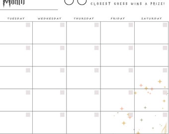 May include: A printable calendar with a Harry Potter theme. The calendar has a white background with black lines and a black title that says "Month". There are gold and pink stars scattered throughout the calendar. The calendar has a section for each day of the week, including Sunday, Monday, Tuesday, Wednesday, Thursday, Friday, and Saturday. There is a pair of glasses and the text "Guess the Due Date" and "Closest Guess Wins a Prize!" at the top of the calendar.