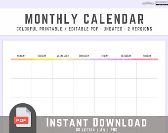 Blank Monthly Calendar Printable Landscape, Colorful Calendar Template, Wall Calendar, Desk Calendar, Monday/Sunday Start, A4 LETTER PNG