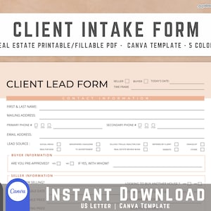 Client Intake Form | Client Information Form, Relator intake sheet Real Estate Template, Lead Intake Form, Buyer Questionnaire