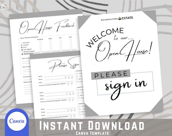 Pode incluir: Um sinal preto e branco com o texto "WELCOME to our... Open House! PLEASE sign in" e um fundo cinza. O sinal é para um evento de casa aberta.