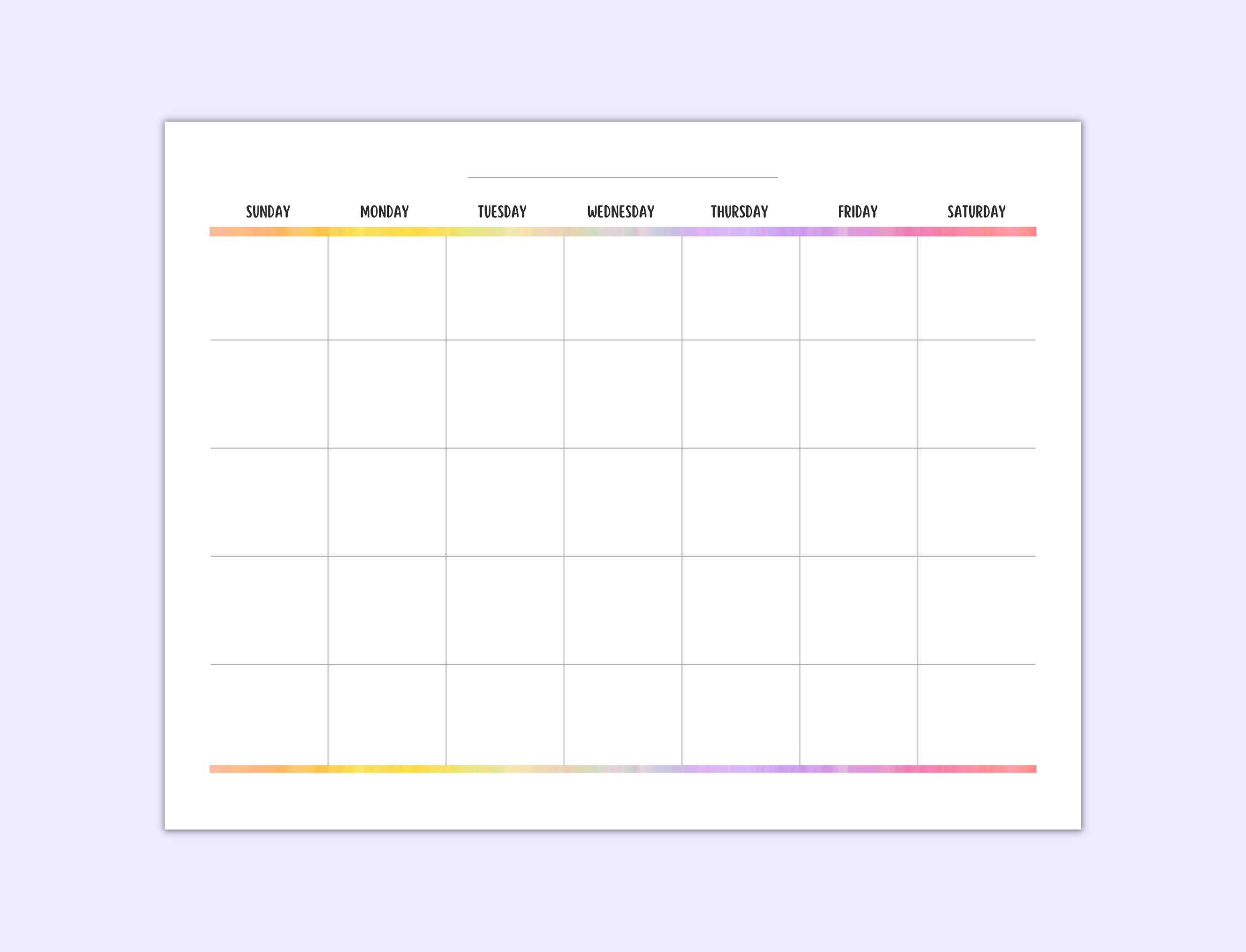 Blank Monthly Calendar Printable Landscape, Colorful Calendar Template ...