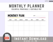 Monthly Planner Printable Calendar, Monthly Schedule, Monthly Calendar, Happy Planner, Instant Download, Productivity Planner, A4, LETTER