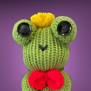 May include: A green knitted frog toy with a yellow crown, black button eyes, and a red bow tie.