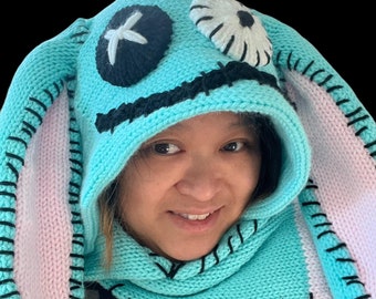 Creepy Bunny Hooded Scarf: Circular KNITTING MACHINE PATTERN for Creepy Halloween Goth Skeleton Bunny Hooded Scarf (Digital Download)