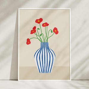 Impresión artística de ramo de tulipanes y amapolas, arte de flores en jarrón, ilustración gráfica floral, arte de pared de moda, impresión sin marco, decoración de pared minimalista