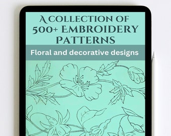 May include: A digital tablet displaying a teal background with the text "A Collection of 500+ Embroidery Patterns" and "Floral and decorative designs". The text "Briggs & Co." is at the bottom of the screen, with a small logo below it.