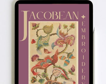 May include: A digital tablet displaying a book cover with a purple background and a floral design. The title of the book is "Jacobean Embroidery and Traditional Designs".