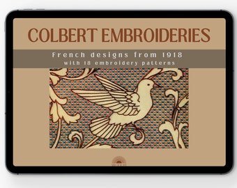 May include: A digital tablet screen displaying a graphic design for embroidery. The design features a white bird with brown wings and a brown floral pattern on a blue and red background. The text on the screen reads "COLBERT EMBROIDERIES French designs from 1918 with 18 embroidery patterns".