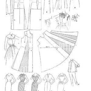 May include: A black and white line drawing of a dress pattern with different variations. The pattern includes a basic chemise dress, a duster with a waist dart, and a skirt with a flare. The drawing includes instructions for sewing the dress.