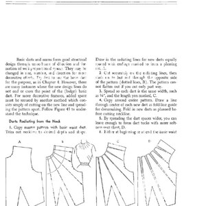 May include: A diagram showing how to add decorative darts to a basic bodice pattern. The diagram shows the pattern with the darts added in different stages of the process. The text in the diagram reads "Darts Radiating from the Neck".