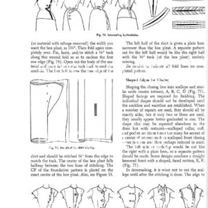 May include: A black and white illustration of a dressmaking guide showing how to create a box pleat for a shirt. The illustration shows the steps involved in folding and stitching the fabric to create the pleat. The text in the image reads "Fig. 74. Box pleat for shirt closing."