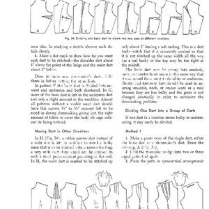 May include: A black and white illustration showing how to divide a single dart into multiple darts for sewing. The illustration shows a dressmaker's dart being divided into two or three smaller darts. The text in the image reads "Dividing one wide dart into groups of three or more narrow darts. B, Method I. C, D, E, F, Method II."