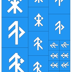 Puede incluir: Un fondo azul con símbolos blancos, incluyendo un árbol, un diamante y una flecha. El texto "STEEL HARPY GAMING" está en la parte inferior de la imagen.