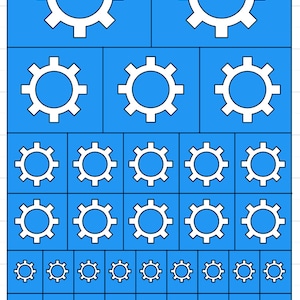 Peut inclure: Une feuille de vinyle bleu avec des formes de pignons blanches de différentes tailles. La feuille est étiquetée "STEEL HARPY GAMING".