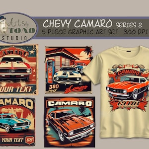 May include: A set of five graphic art prints featuring vintage illustrations of a Chevrolet Camaro. The prints are in a retro style with red, white, and blue color schemes. The prints include the text "Camaro" and "Your Text".