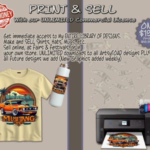 May include: A yellow t-shirt with a vintage-style graphic of a 1970 Ford Mustang. The text "Mustang 1970" is printed on the shirt. The image also shows a water bottle with a similar graphic, a printer, and a stack of money. The text "Print & Sell" is at the top of the image, and the text "Make Money" is in a circle at the top left. The text "Only $19.99" is at the top right.