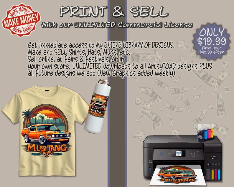 May include: A yellow t-shirt with a vintage-style graphic of a 1970 Ford Mustang. The text "Mustang 1970" is printed on the shirt. The image also shows a water bottle with a similar graphic, a printer, and a stack of money. The text "Print & Sell" is at the top of the image, and the text "Make Money" is in a circle at the top left. The text "Only $19.99" is at the top right.
