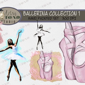 May include: A set of digital illustrations featuring a ballerina in a white tutu, a pair of pink ballet shoes, and a silhouette of a ballerina in a white tutu. The illustrations are hand-painted and have a watercolour effect. The text "Ballerina Collection 1 Hand Painted Set 300 DPI" is included in the image.