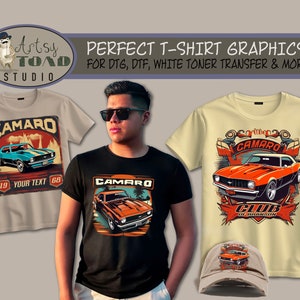 May include: Three t-shirts with different designs featuring a vintage Camaro car. The designs include a blue Camaro with a sunset background, an orange Camaro with a palm tree background, and an orange Camaro with a club logo. The t-shirts are in beige, black, and yellow.