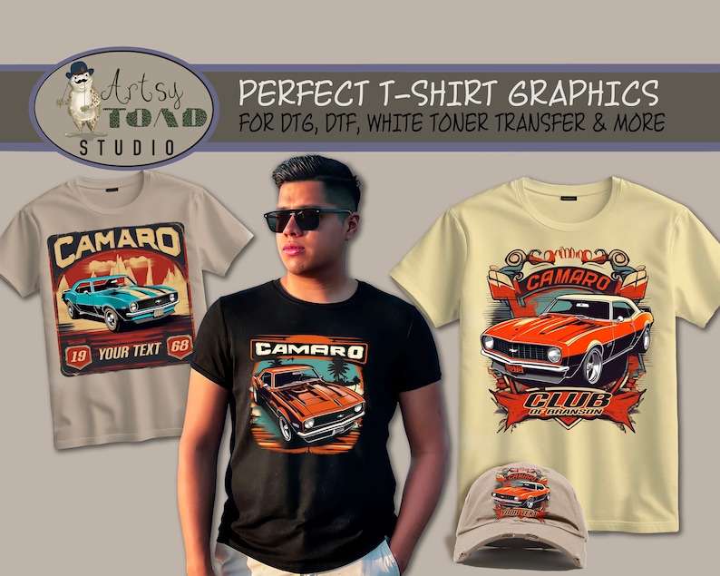 May include: Three t-shirts with different designs featuring a vintage Camaro car. The designs include a blue Camaro with a sunset background, an orange Camaro with a palm tree background, and an orange Camaro with a club logo. The t-shirts are in beige, black, and yellow.