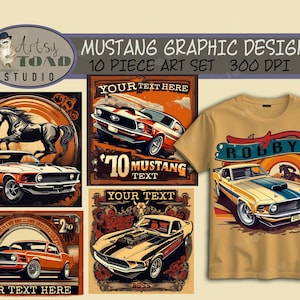Könnte beinhalten: Ein Set mit 10 digitalen Grafikdesigns mit Vintage-Illustrationen von Ford Mustang-Autos. Die Designs beinhalten ein Pferd, einen Sonnenuntergang und den Text "70 Mustang Text" und "Boss".
