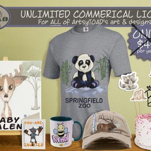 May include: A digital illustration of a baby deer with brown fur and large eyes. The deer is standing in a forest setting with green trees and blue flowers. The illustration is on a canvas with a wooden easel. The text "Baby Kalen" is written below the deer. The image also includes a gray t-shirt with a panda bear illustration and the text "Springfield Zoo", a white and blue baseball cap with a deer illustration, a mug with a bee illustration and the text "Kind", a birthday cake with pink frosting and a topper that says "Happy Birthday", and a card with the text "You are invited".