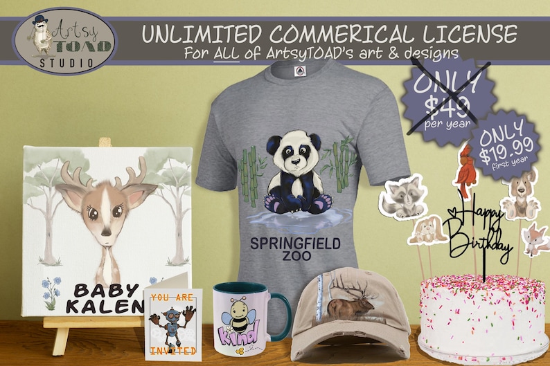 May include: A digital illustration of a baby deer with brown fur and large eyes. The deer is standing in a forest setting with green trees and blue flowers. The illustration is on a canvas with a wooden easel. The text "Baby Kalen" is written below the deer. The image also includes a gray t-shirt with a panda bear illustration and the text "Springfield Zoo", a white and blue baseball cap with a deer illustration, a mug with a bee illustration and the text "Kind", a birthday cake with pink frosting and a topper that says "Happy Birthday", and a card with the text "You are invited".