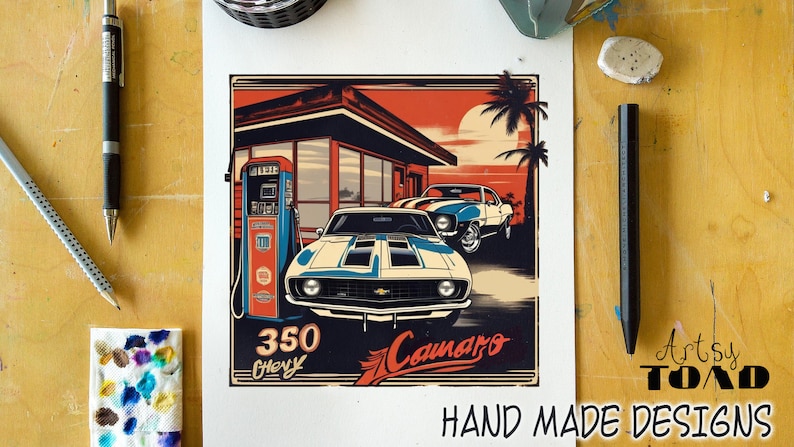 May include: A vintage-style illustration of two white and blue Chevrolet Camaros parked in front of a gas station. The illustration has a sunset background with palm trees and the text "350 Chevy" and "Camaro".