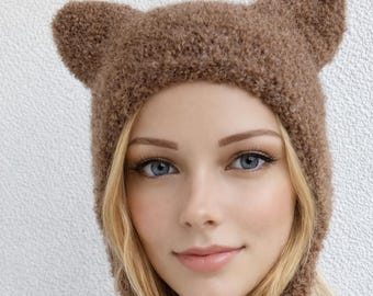 Knit Bear Ear Beanie: Handmade Alpaca Wool Bonnet