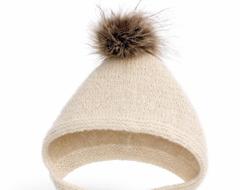 Hand Knitted Newborn Baby Bonnet with Ties – Soft Alpaca Knit Hat, Cozy Pixie Bonnet, Baby Gift