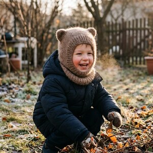 May include: A light brown knit balaclava featuring small rounded bear ears on top, worn with a dark navy blue hooded puffer jacket and matching brown knit mittens, providing warmth and coverage for the head, neck, and hands.
