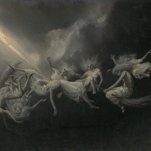 Pode incluir: Uma pintura escura e atmosférica que retrata um grupo de figuras fantasmagóricas voando pelo ar. As figuras estão vestidas de branco e parecem flutuar em um céu escuro e tempestuoso. A pintura está cheia de movimento e energia, e as figuras parecem estar presas em um turbilhão de atividade.