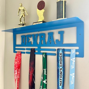 Custom Name Medal Hanger and Trophy Shelf - Medal Holder Custom Text 8 Rungs for Medals & Ribbons Medal Hanger Medal Display Award Gift
