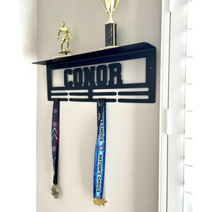 Custom Name Medal Hanger and Trophy Shelf - Medal Holder Custom Text 8 Rungs for Medals & Ribbons Medal Hanger Medal Display Award Gift