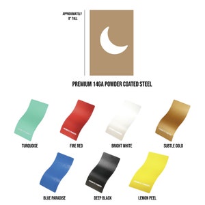May include: A selection of 14 gauge powder coated steel sheets in various colors, including turquoise, fire red, bright white, subtle gold, blue paradise, deep black, and lemon peel. The sheets are approximately 8 inches tall.