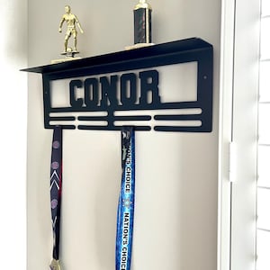 Custom Name Medal Hanger and Trophy Shelf - Medal Holder Custom Text 8 Rungs for Medals & Ribbons Medal Hanger Medal Display Award Gift