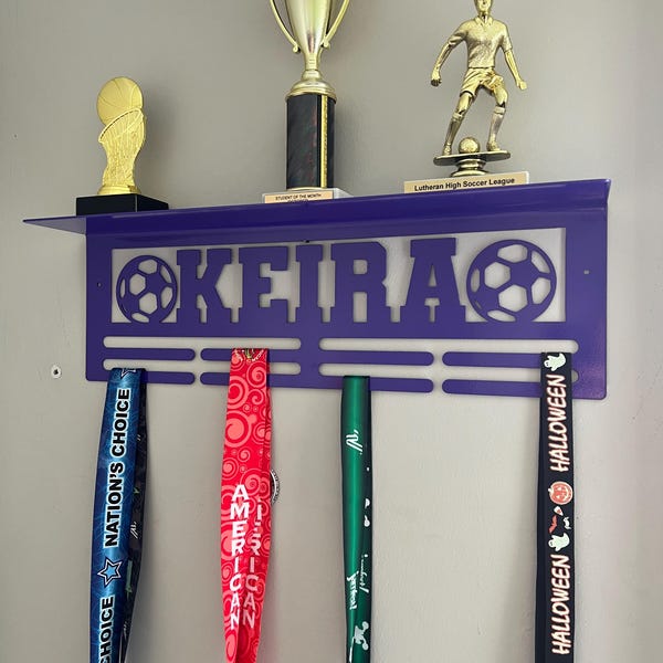 Soccer Custom Name Medal Hanger and Trophy Shelf - Medal Holder Custom Text 8 Rungs for Medals & Ribbons Medal Hanger Display Award Gift